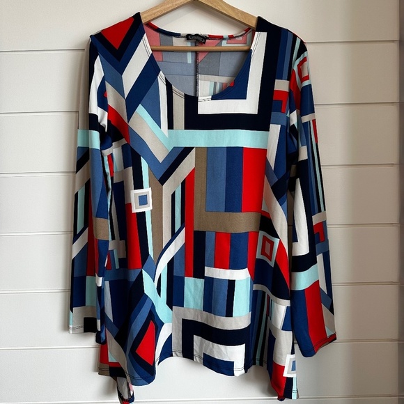 Clientele Tops - Clientele Geometric Print Tunic Top Made in Canada Blue Red